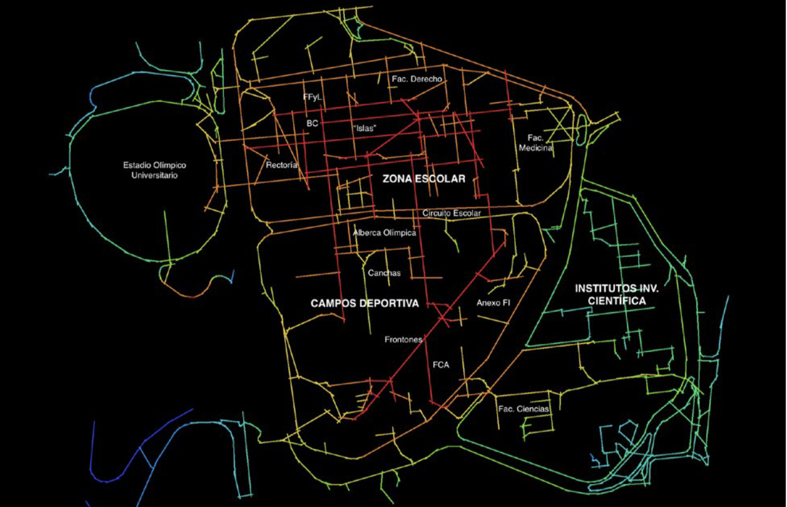Space syntax axial map of Ciudad Universitaria.